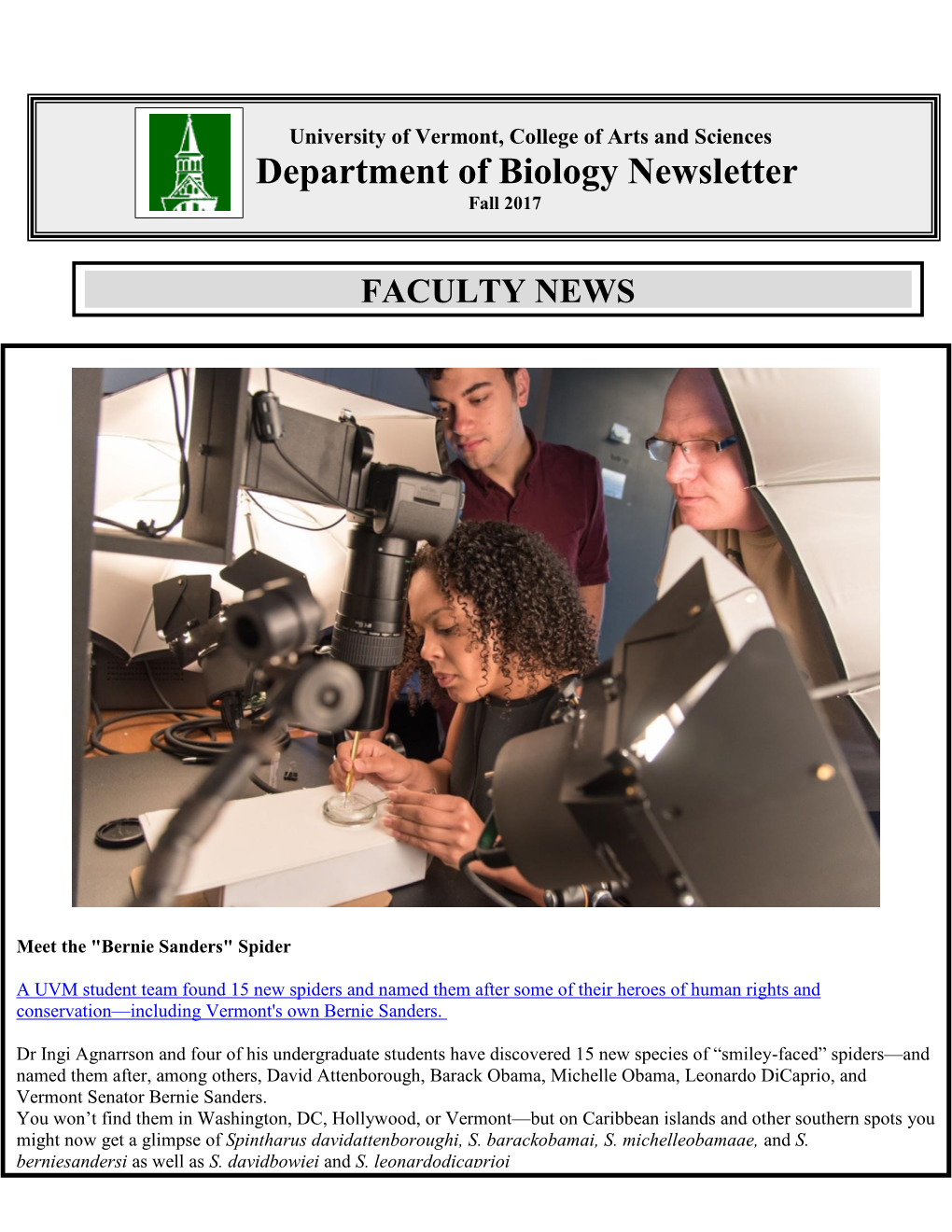 Department of Biology Newsletter Fall 2017