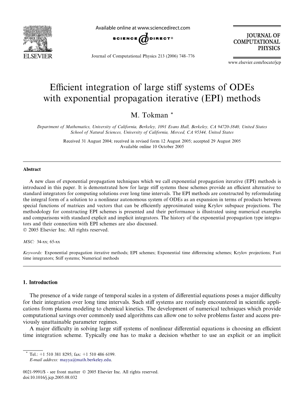 Efficient Integration of Large Stiff Systems of Odes with Exponential