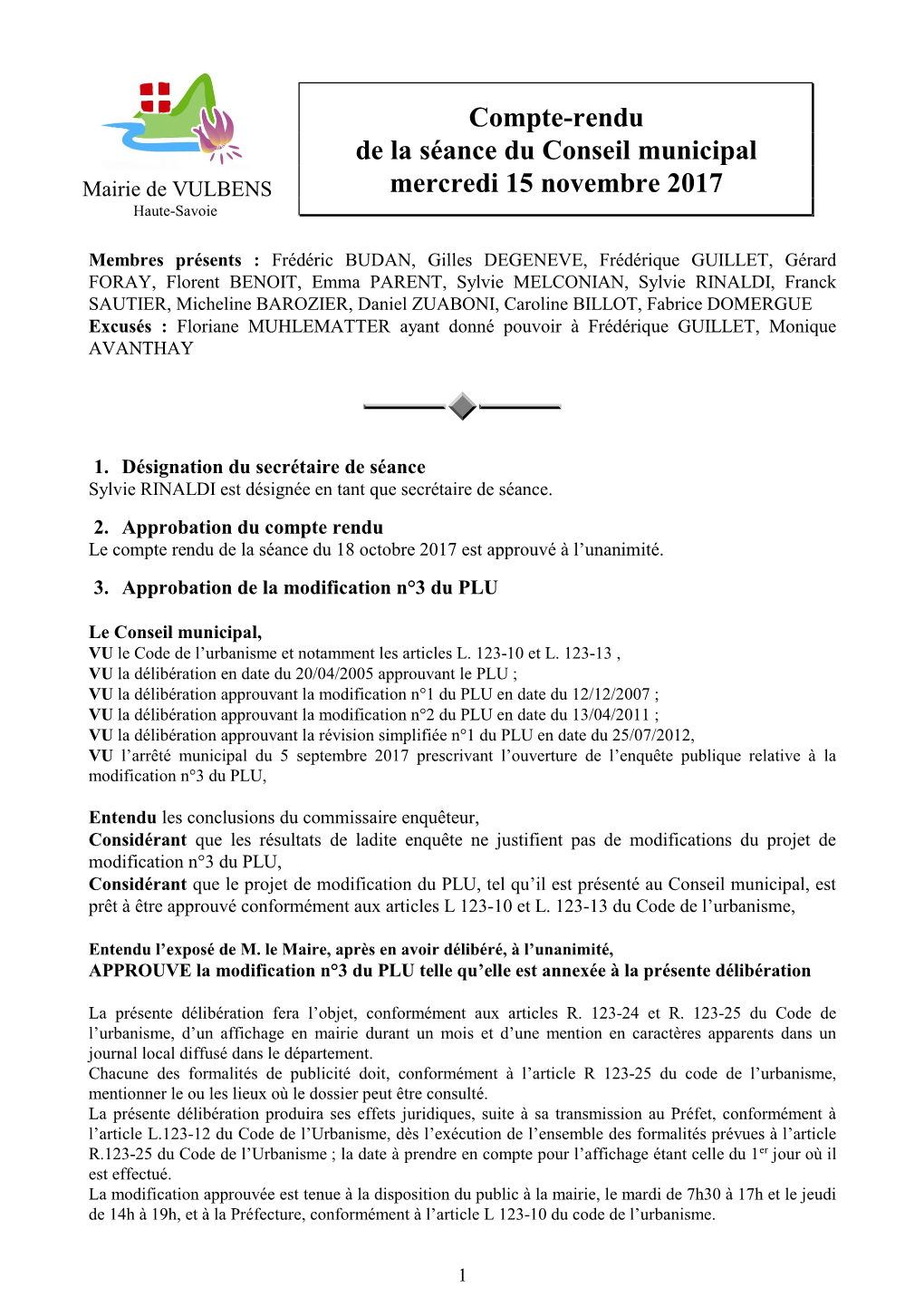 Compte-Rendu De La Séance Du Conseil Municipal Mercredi 15