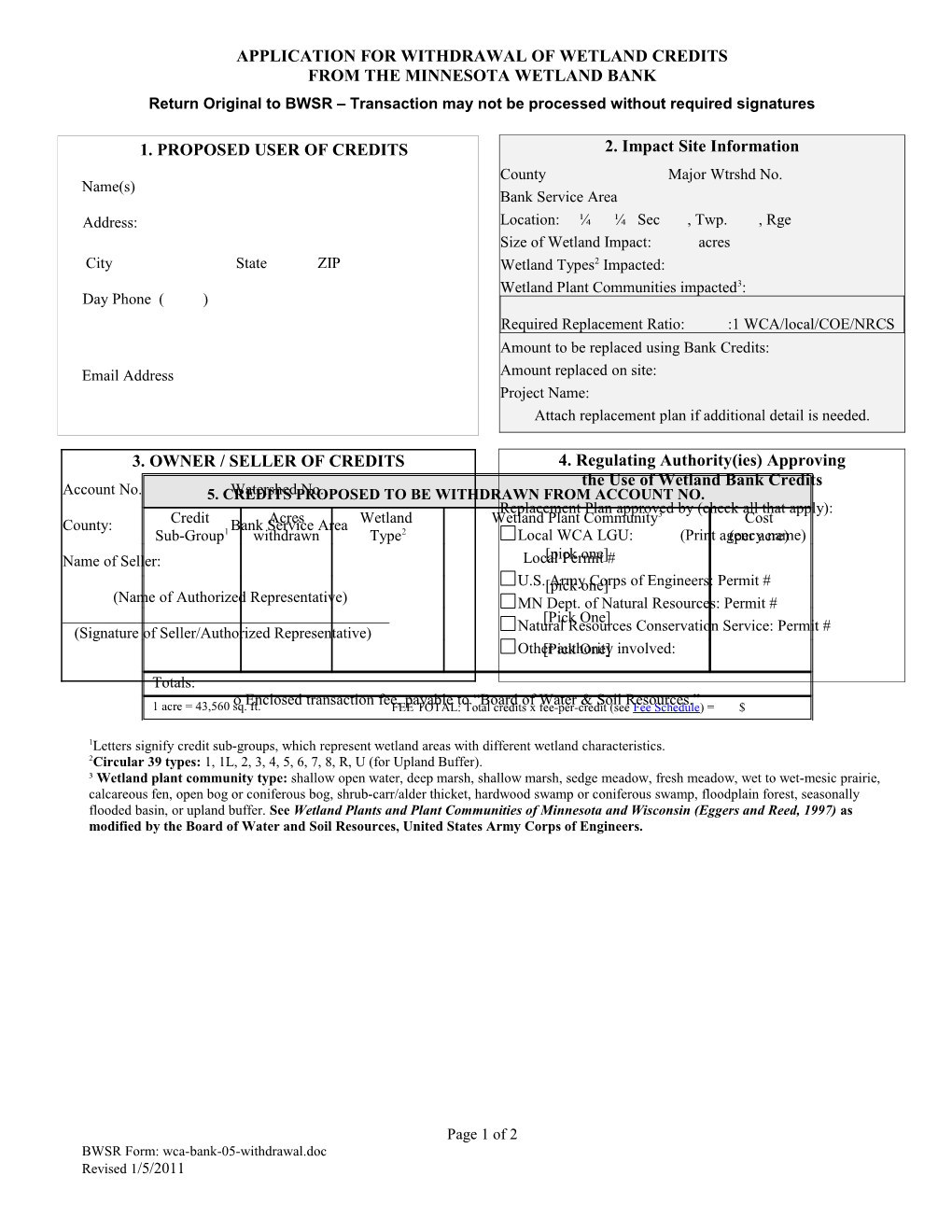 Application for Withdrawal of Wetland Credits