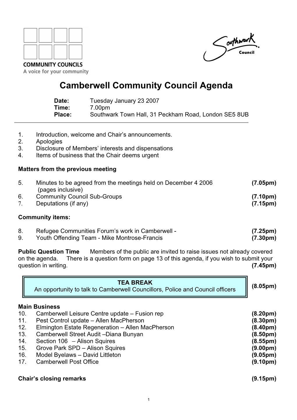Camberwell Community Council Agenda
