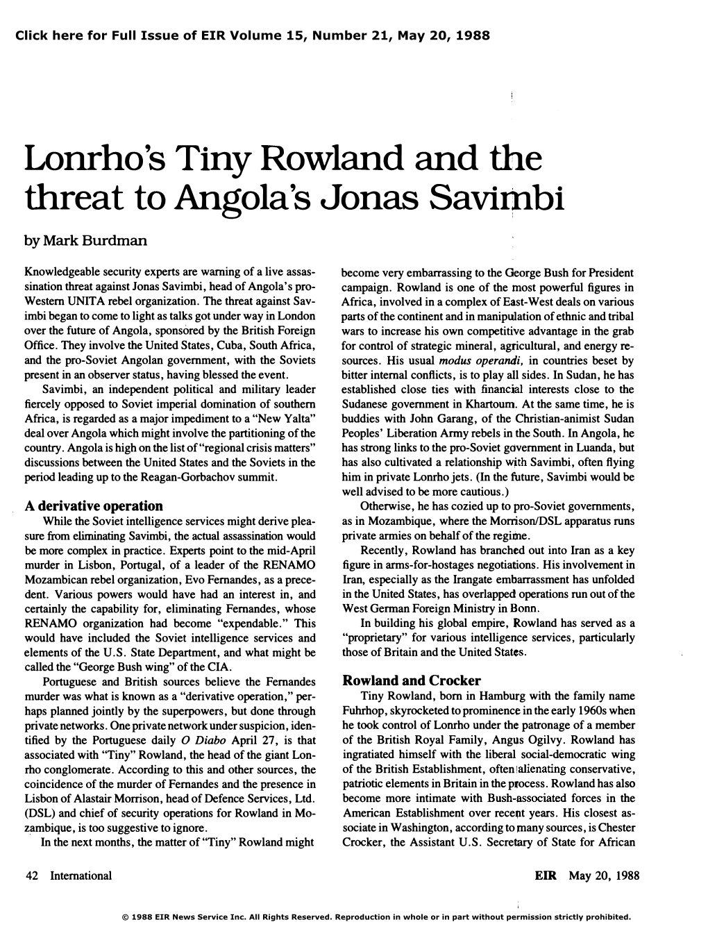 Lonrho's Tiny Rowland and the Threat to Angola's Jonas Savimbi