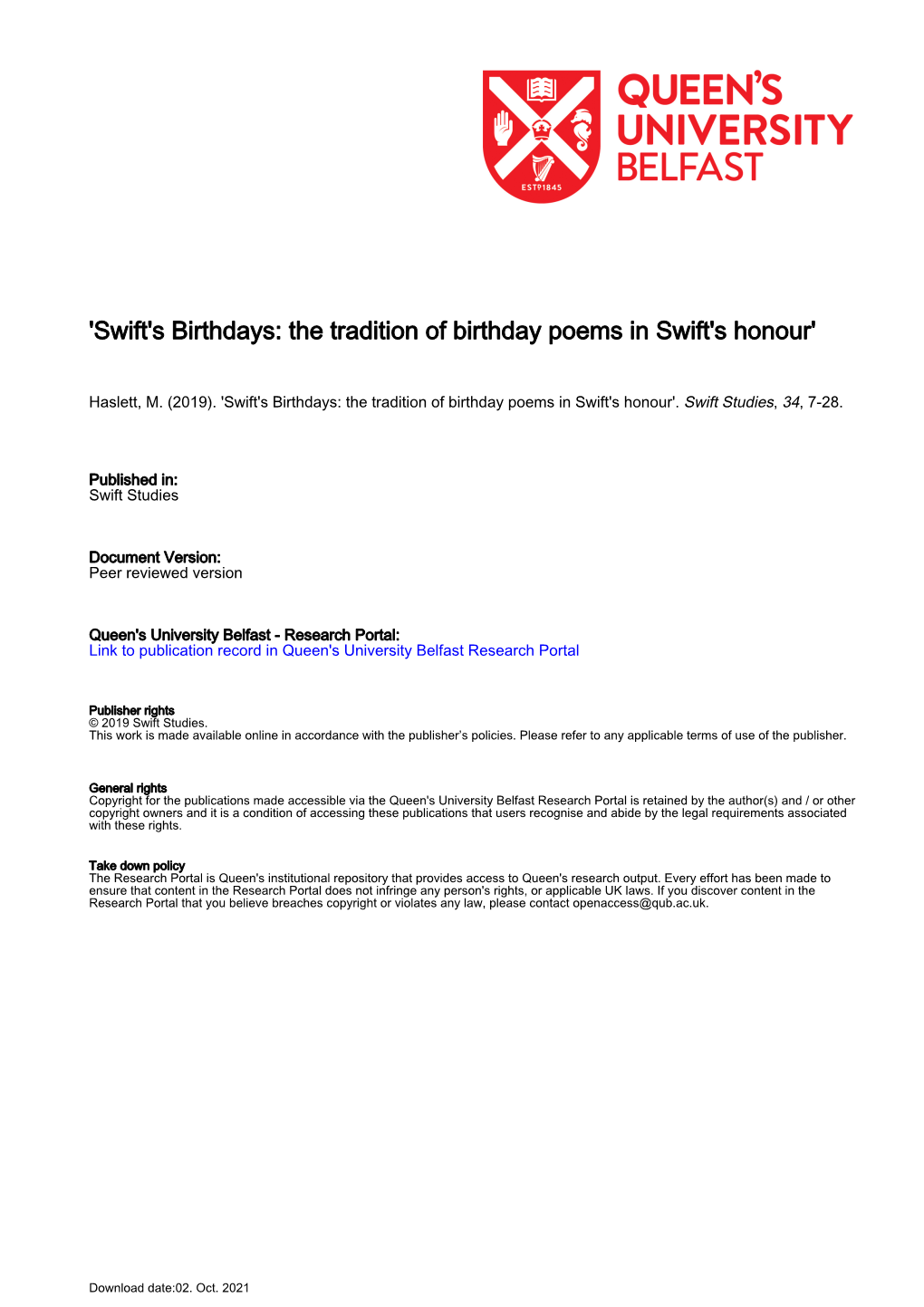 'Swift's Birthdays: the Tradition of Birthday Poems in Swift's Honour'