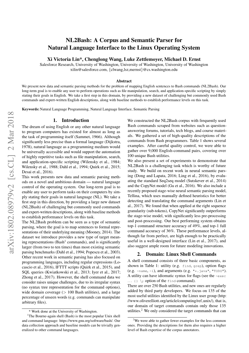 Arxiv:1802.08979V2 [Cs.CL] 2 Mar 2018 Parsing Benchmarks (Dahl Et Al., 1994; Popescu Et Al., 2003)