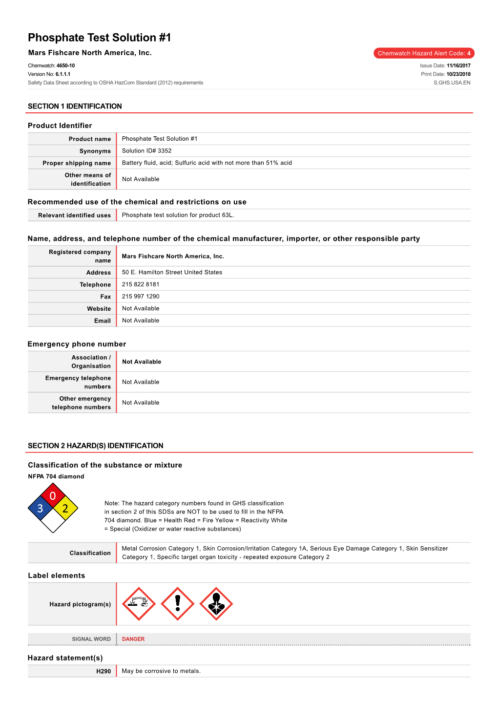 API Phosphate Test Kit Solution 1 Safety Data Sheet.Pdf