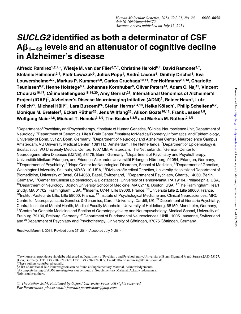 SUCLG2 Identified As Both a Determinator of CSF Ab1– 42 Levels and an Attenuator of Cognitive Decline in Alzheimer's Disease