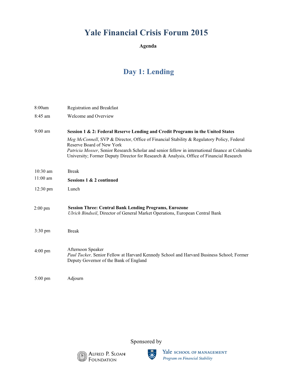 2015 Financial Crisis Forum Agenda