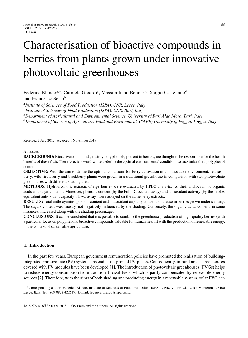 Characterisation of Bioactive Compounds in Berries from Plants Grown Under Innovative Photovoltaic Greenhouses