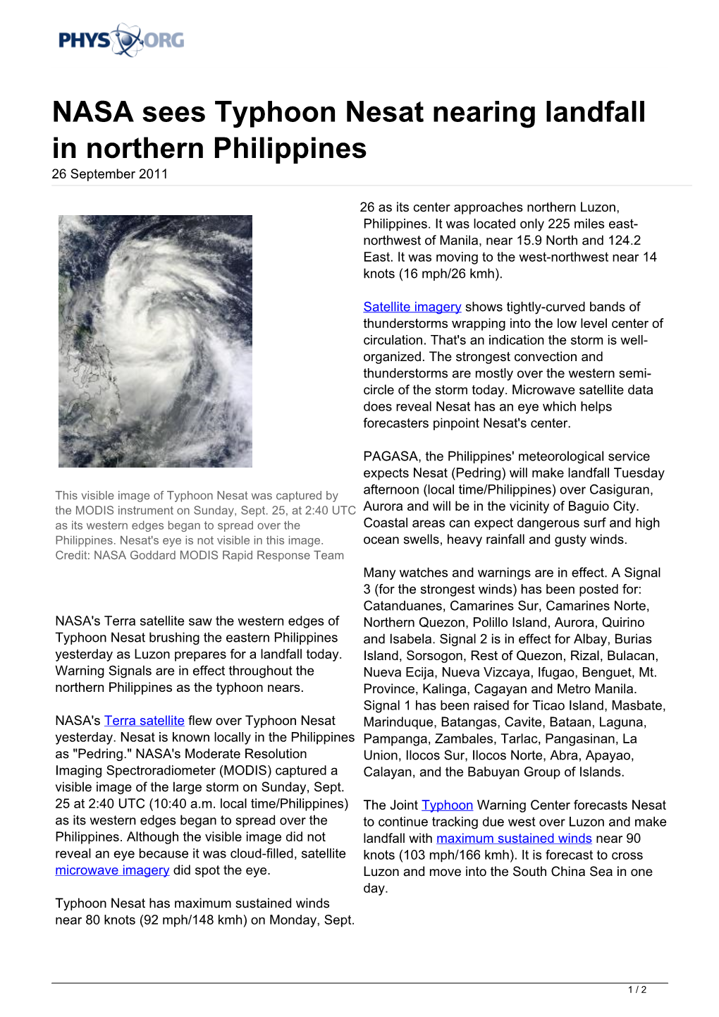 NASA Sees Typhoon Nesat Nearing Landfall in Northern Philippines 26 September 2011