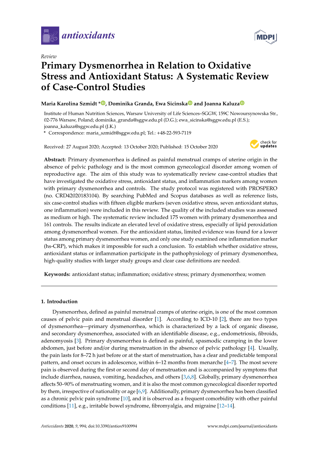 Primary Dysmenorrhea in Relation to Oxidative Stress and Antioxidant Status: a Systematic Review of Case-Control Studies