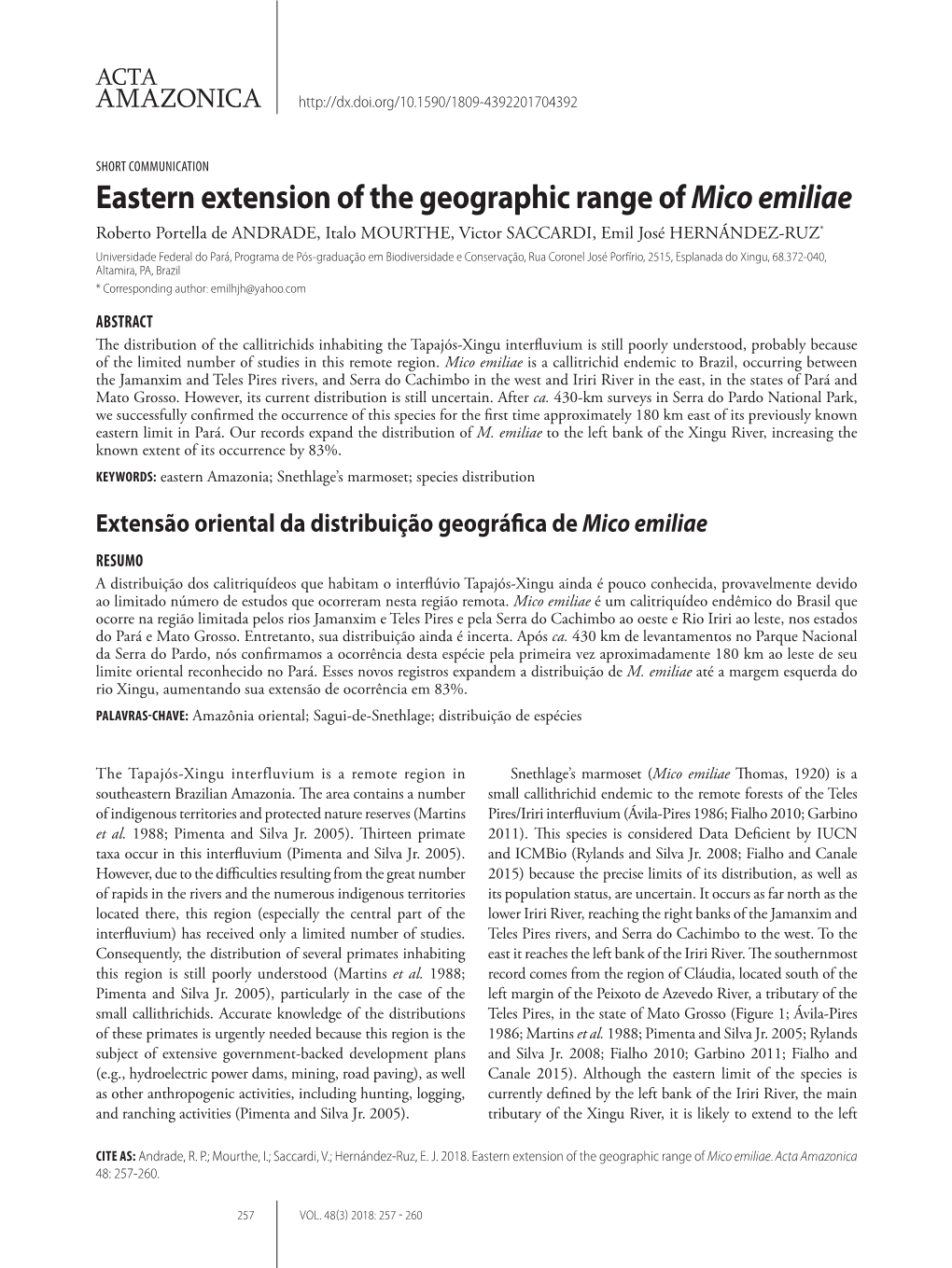 Eastern Extension of the Geographic Range of Mico Emiliae