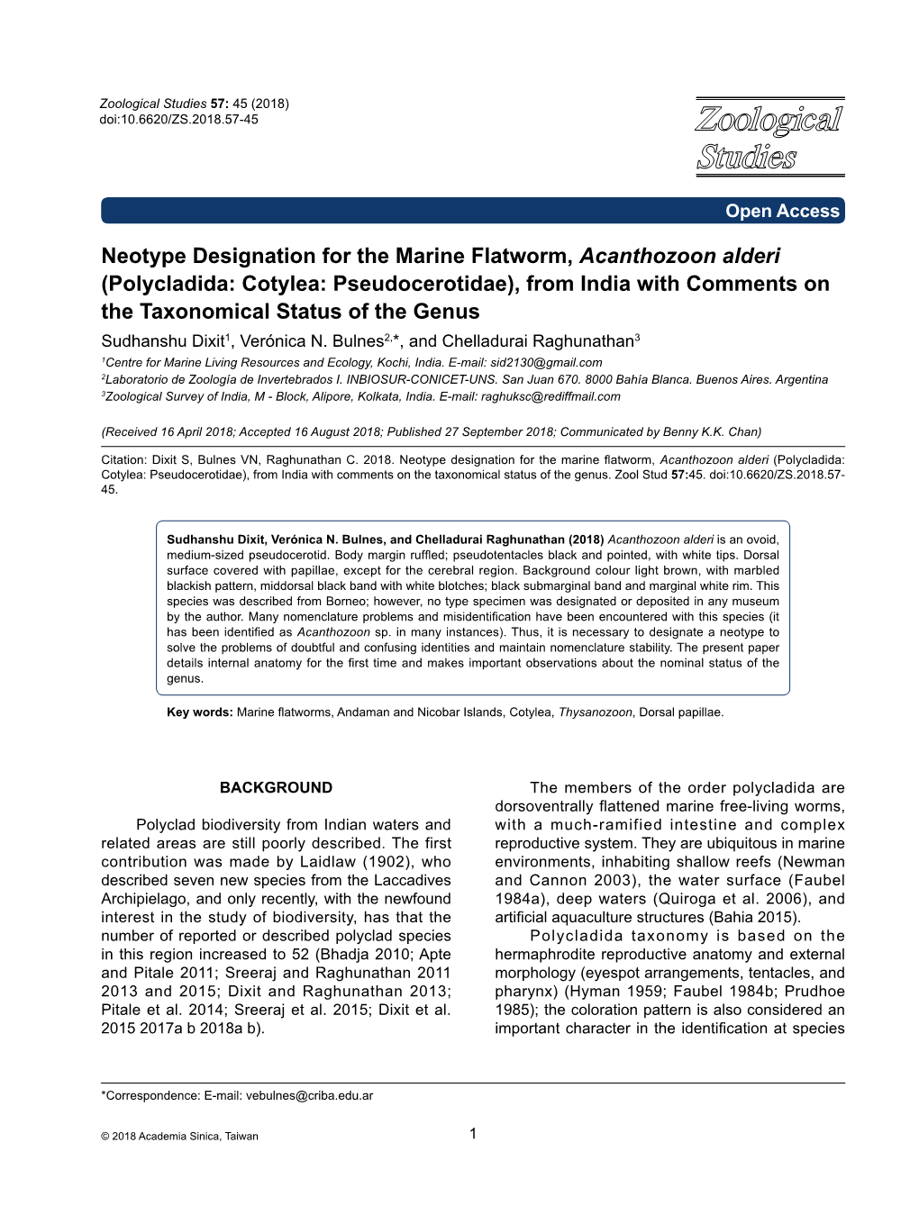 Neotype Designation for the Marine Flatworm, Acanthozoon Alderi