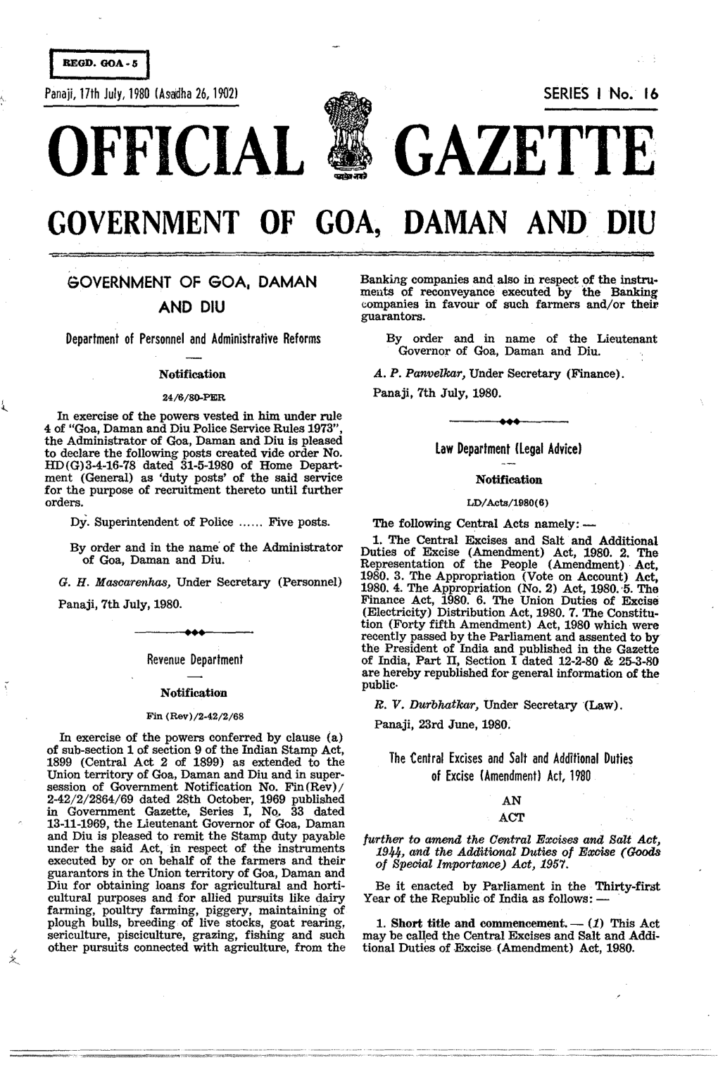 Official Gazette Government of Goa, Daman and Diu