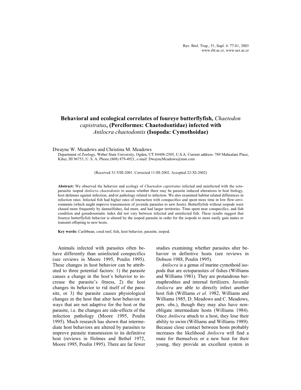 Behavioral and Ecological Correlates of Foureye Butterflyfish, Chaetodon