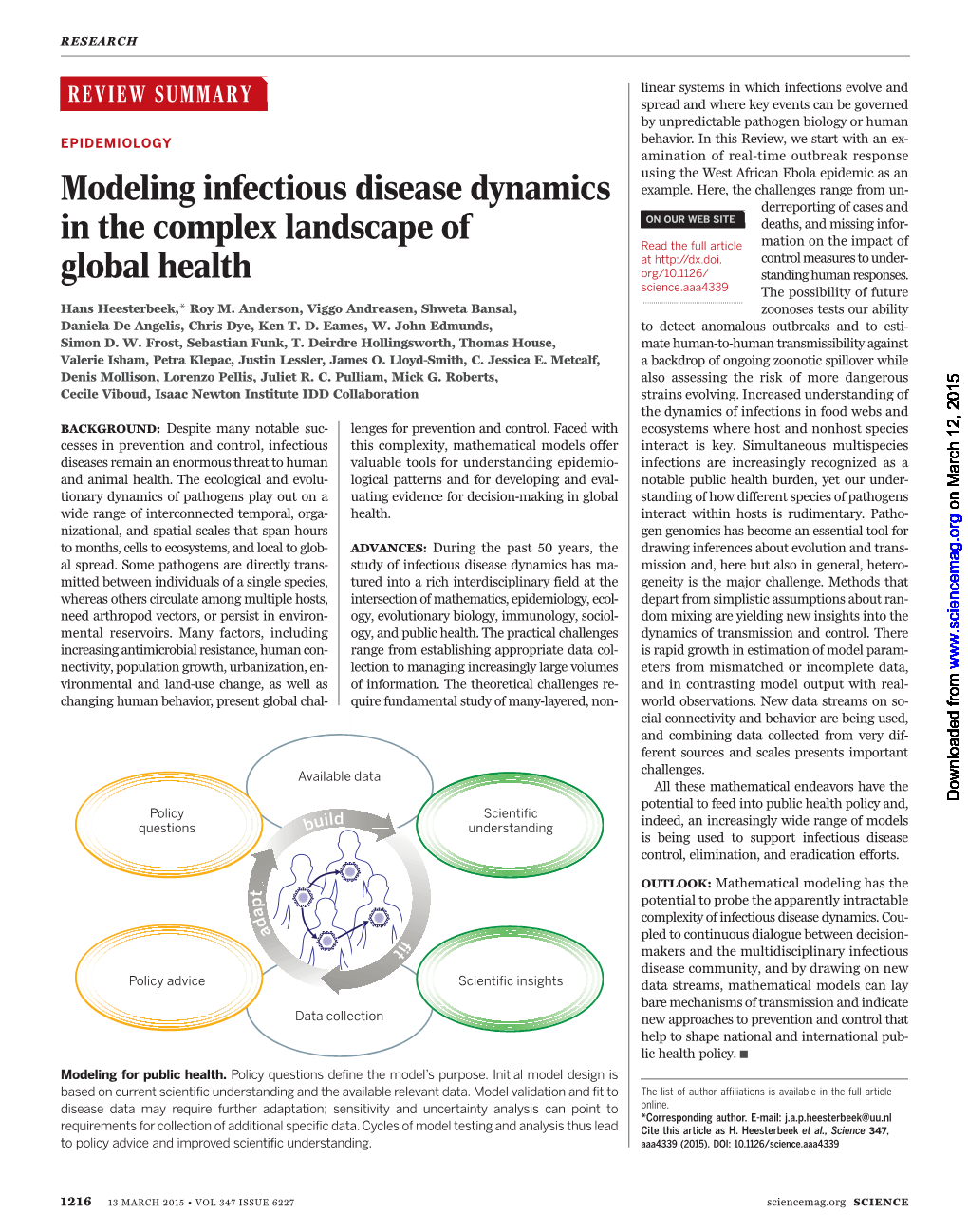 Modeling Infectious Disease Dynamics in the Complex Landscape of Global Health Hans Heesterbeek Et Al