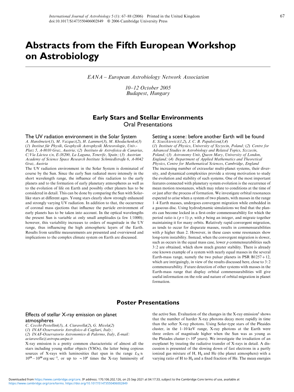 Abstracts from the Fifth European Workshop on Astrobiology EANA