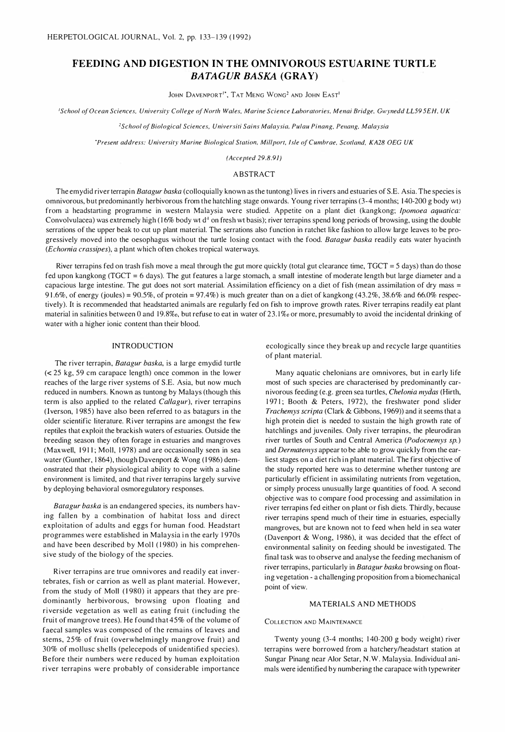 Feeding and Digestion in the Omnivorous Estuarine Turtle Ba Tagvr Ba Ska (Gray)