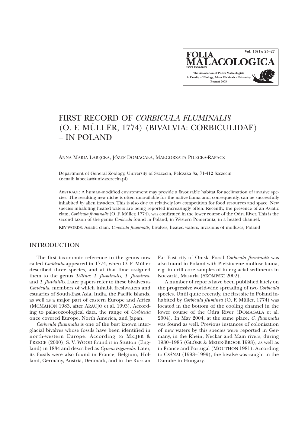 First Record of Corbicula Fluminalis (O. F. Müller, 1774) (Bivalvia: Corbiculidae) – in Poland