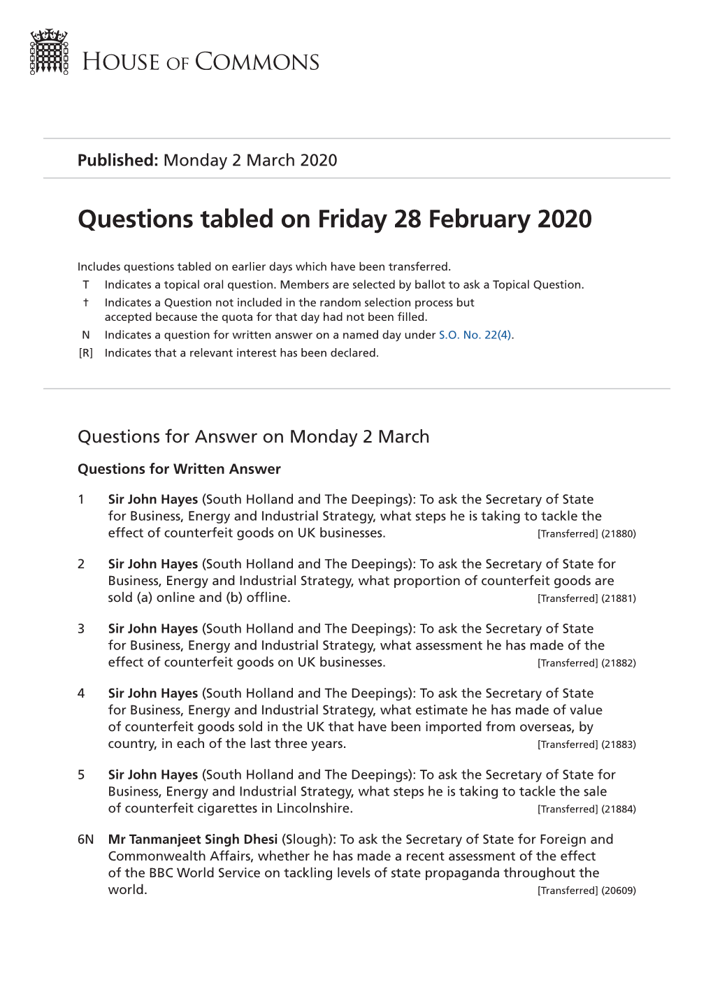 Questions Tabled on Fri 28 Feb 2020