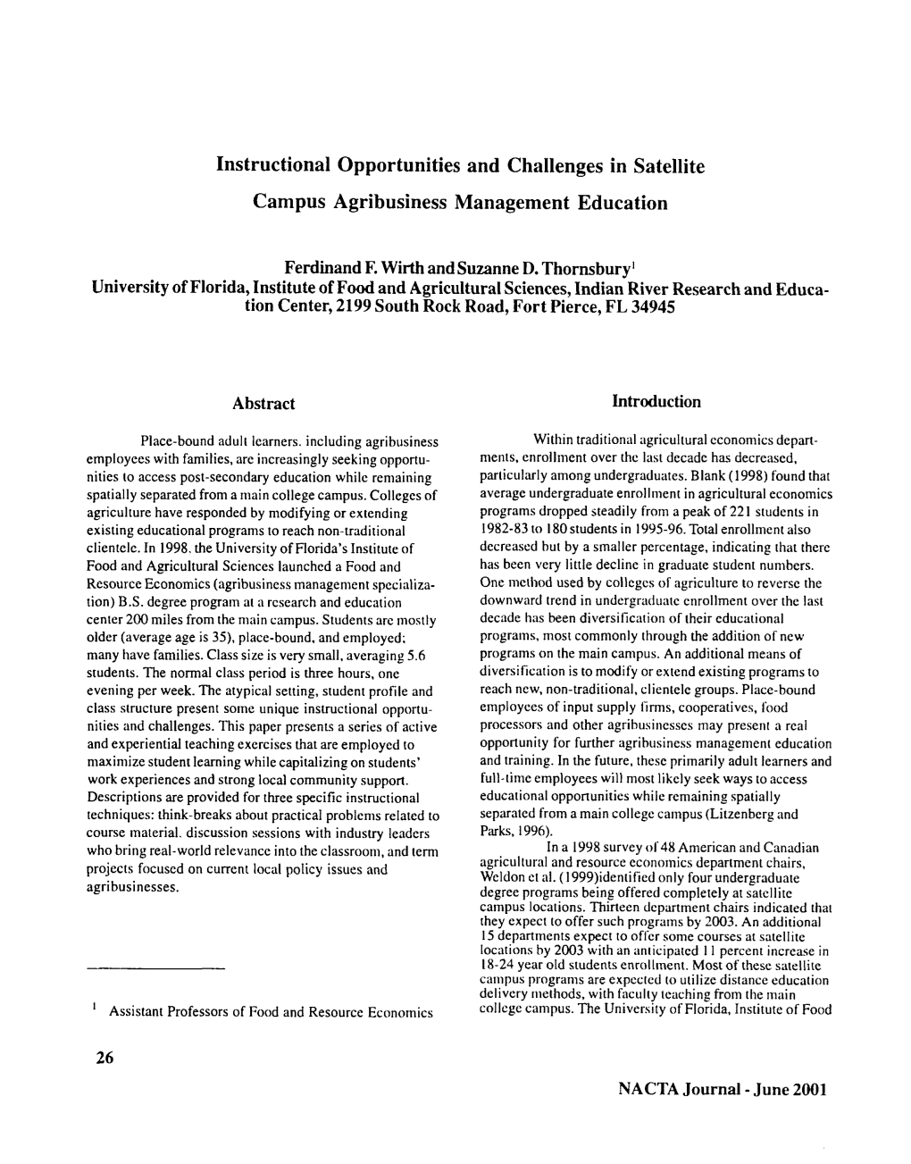 Instructional Opportunities and Challenges in Satellite Campus Agribusiness Management Education