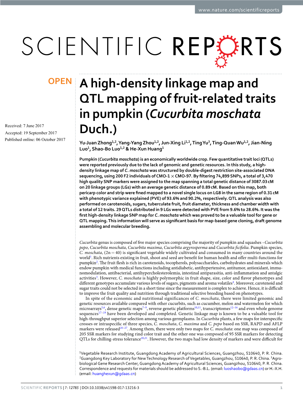 A High-Density Linkage Map and QTL Mapping of Fruit-Related Traits in Pumpkin (Cucurbita Moschata Duch.)