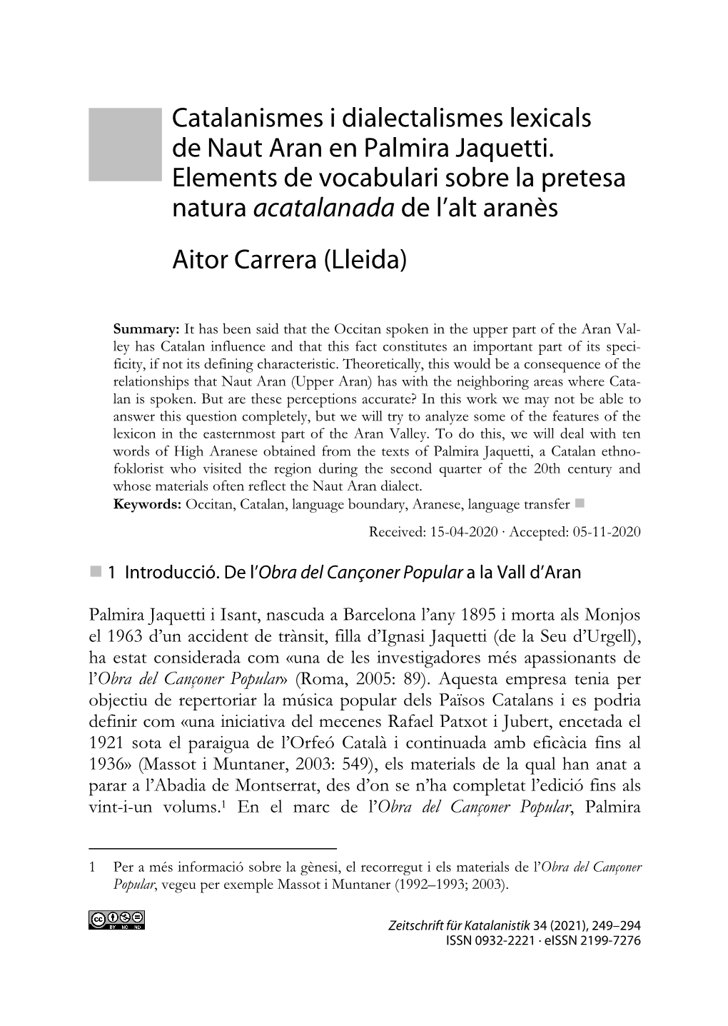 Catalanismes I Dialectalismes Lexicals De Naut Aran En Palmira Jaquetti