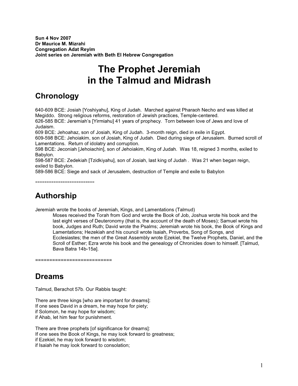 The Prophet Jeremiah in the Talmud and Midrash Chronology