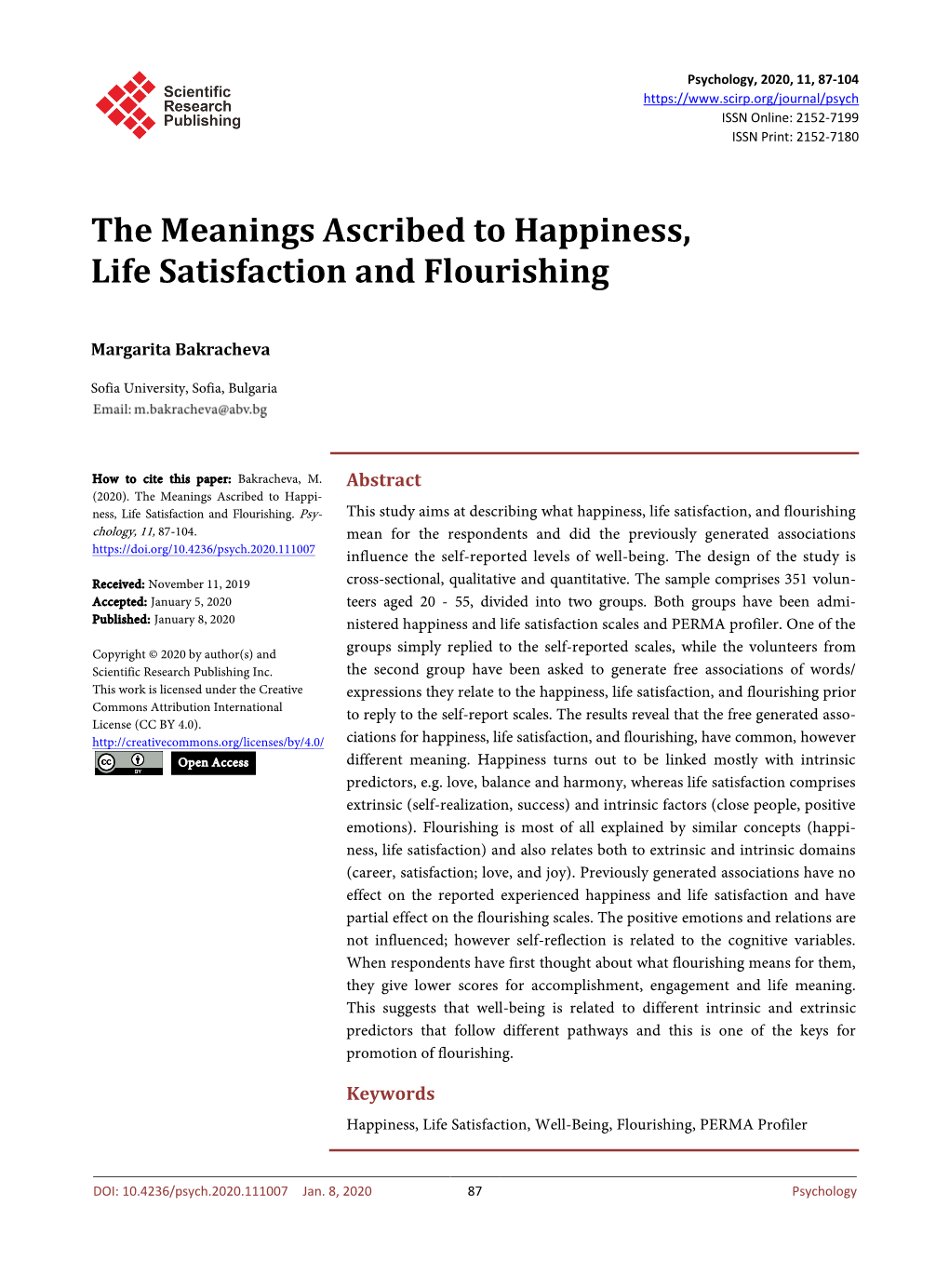 The Meanings Ascribed to Happiness, Life Satisfaction and Flourishing