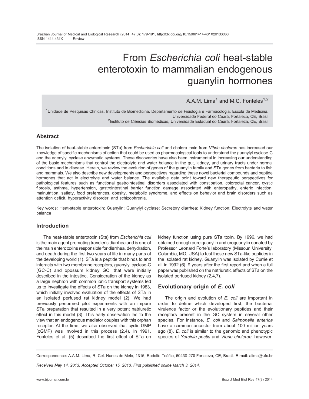 From Escherichia Coli Heat-Stable Enterotoxin to Mammalian Endogenous Guanylin Hormones