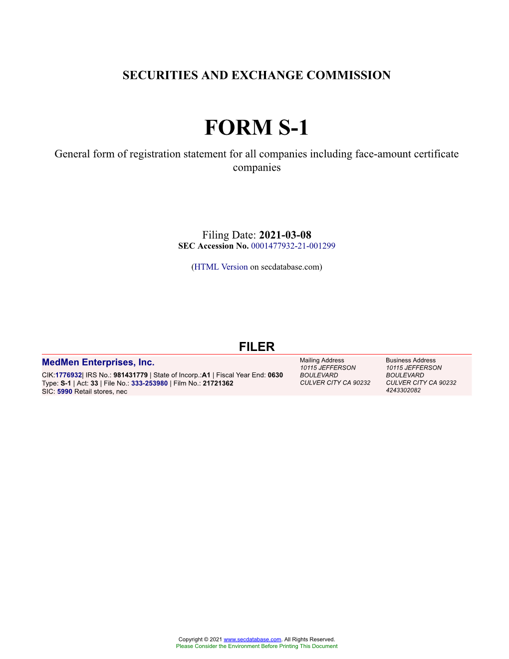 Medmen Enterprises, Inc. Form S-1 Filed 2021-03-08