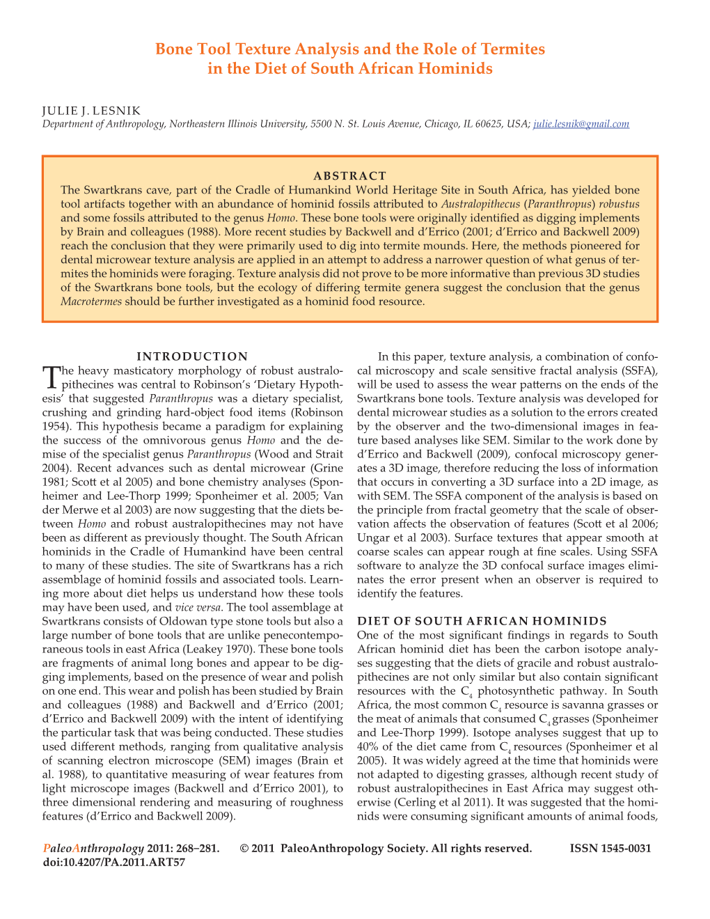 Bone Tool Texture Analysis and the Role of Termites in the Diet of South African Hominids