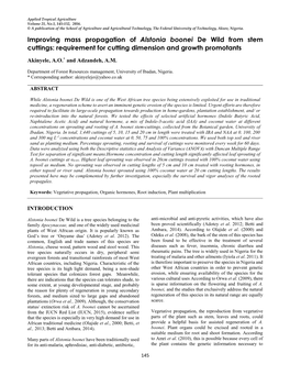Improving Mass Propagation of Alstonia Boonei De Wild from Stem Cuttings: Requirement for Cutting Dimension and Growth Promotants