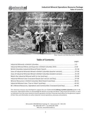Industrial Mineral Operations in British Columbia: Teacher Information and Student Activities