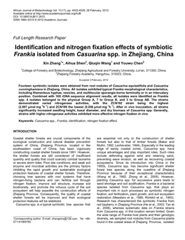 Identification and Nitrogen Fixation Effects of Symbiotic Frankia Isolated from Casuarina Spp