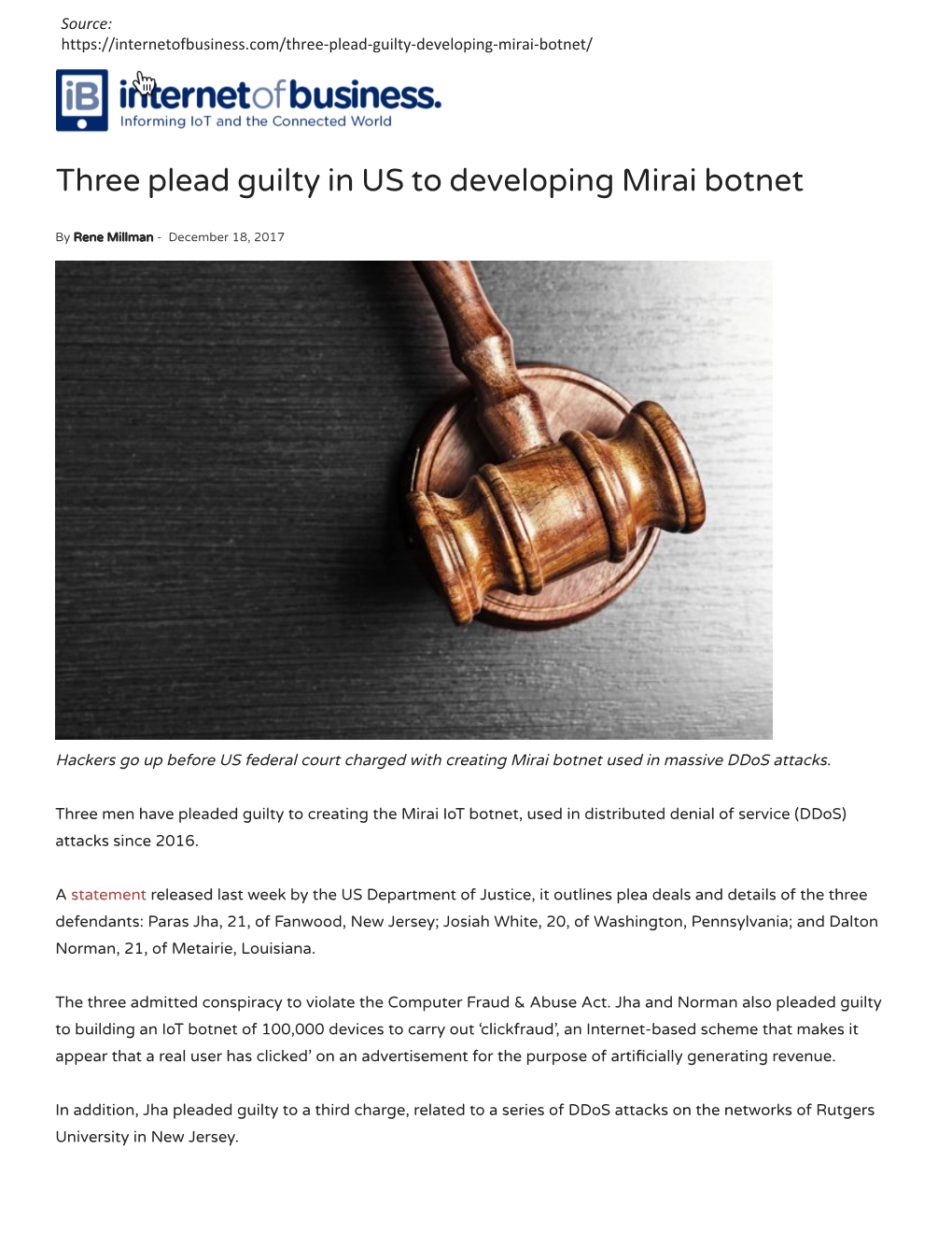 Three Plead Guilty in US to Developing Mirai Botnet
