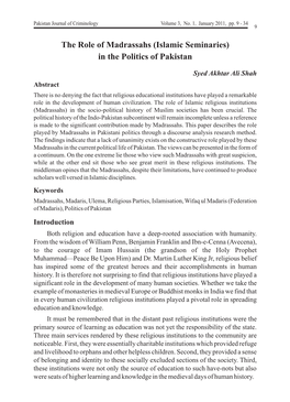 The Role of Madrassahs (Islamic Seminaries) in the Politics of Pakistan