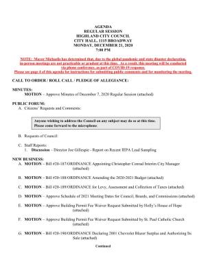Agenda Regular Session Highland City Council City Hall, 1115 Broadway Monday, December 21, 2020 7:00 Pm