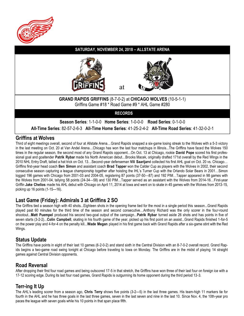 Griffins at Wolves Last Game (Friday): Admirals 3 at Griffins 2 SO Status