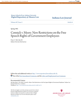 Connick V. Myers: New Restrictions on the Free Speech Rights of Government Employees Peter C