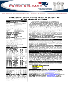 Patriots Close out 2013 Regular Season at Home Against Buffalo