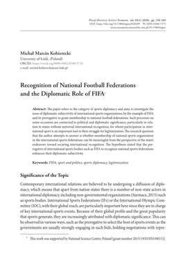 Recognition of National Football Federations and the Diplomatic Role of FIFA1
