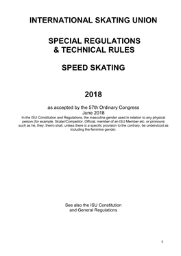 International Skating Union Special Regulations & Technical Rules Speed Skating 2018