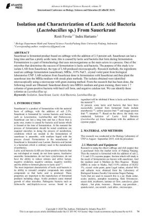 Isolation and Characterization of Lactic Acid Bacteria (Lactobacillus Sp.) from Sauerkraut Resti Fevria 1* Indra Hartanto 1
