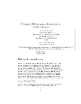 A Complete Bibliography of Publications in Annals of Science