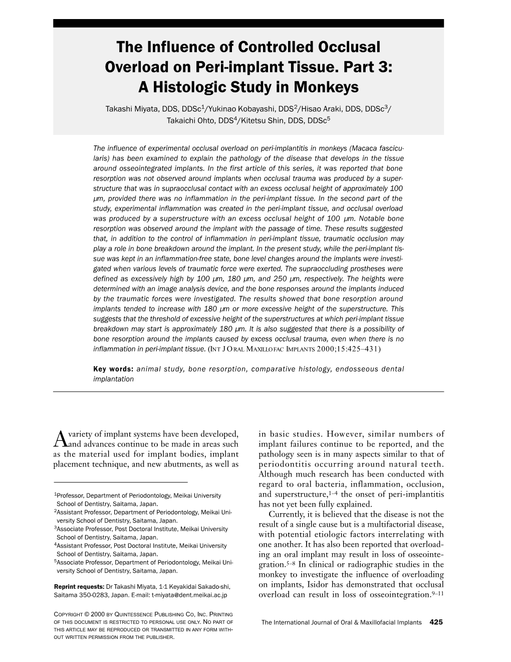 The Influence of Controlled Occlusal Overload on Peri-Implant Tissue. Part 3: a Histologic Study in Monkeys