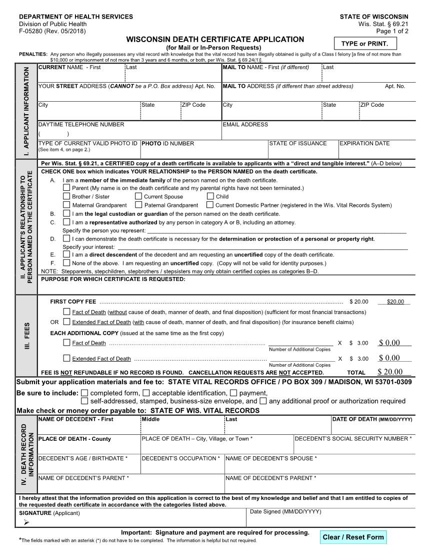 WISCONSIN DEATH CERTIFICATE APPLICATION TYPE Or PRINT
