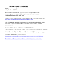 Inkjet Paper Database Version: 1.3 Last Updated: 6/20/2010