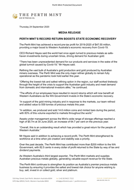 Media Release Perth Mint's Record Return Boosts State Economic Recovery