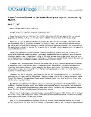 Cesar Chavez Will Speak on the International Grape Boycott; Sponsored by Mecha