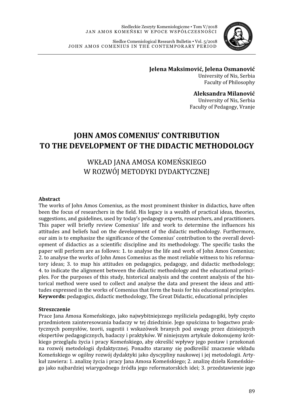 John Amos Comenius' Contribution to The